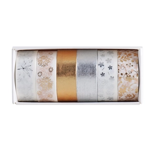 Detailed view of 6 rolls of gold and silver foil washi tape with floral patterns