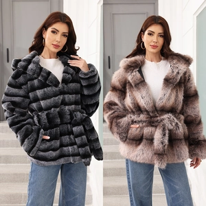 Women Faux Fur Coat Hooded Belted Long Sleeve Striped Gradient Mid Length Artificial Fur Jacket Warm Winter Outerwear