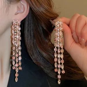 Long Tassel Drop Earrings Pink Rhinestone Geometric Jewelry With 925 Sterling Silver Earring Post Elegant Women Accessory