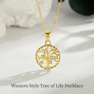 Tree Of Life Pendant Necklace 925 Sterling Silver Hollow Round Jewelry With Cubic Zirconia Elegant For Women