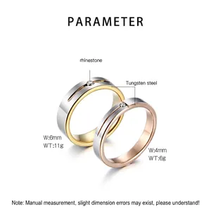 Minimalist tungsten steel ring set with sparkling rhinestone in silver gold finish