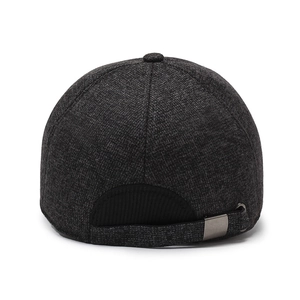 Rear view of grey winter baseball cap with knit texture and adjustable metal buckle