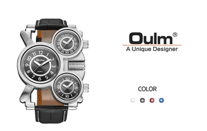 Detail of Oulm multi-dial oversized men military watch with silver case and leather strap