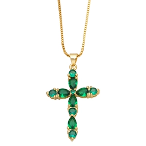 Gold cross necklace featuring green pear-shaped and round zircon stones in prong settings