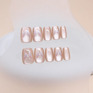 Short ballet champagne cat-eye press-on nails with elegant butterfly hand-painted designs