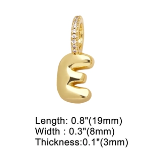 Detail showing dimensions of gold balloon letter E pendant with cubic zirconia inlay