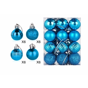 Set of 24 blue Christmas balls with matte, shiny, and glitter textures in a clear box