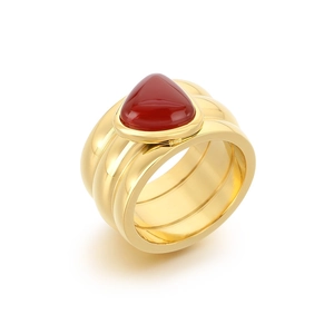 Modern 18K gold plated ring with teardrop red stone and triple layered band design