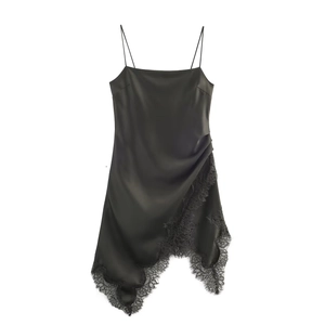 Women Lace Satin Mini Dress Sexy Spaghetti Strap Asymmetric Hem Eyelash Trim Lingerie Style Slip Nightgown