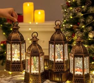 Close-up of vintage bronze Christmas lanterns with LED lights and glitter snow globes