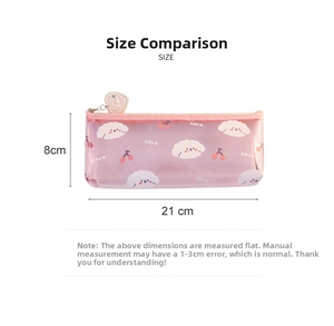 Pink transparent PVC pencil case with cartoon dog and cherry prints, measuring 21x8cm