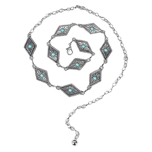 Silver metal waist chain with turquoise diamond charms and adjustable extension link