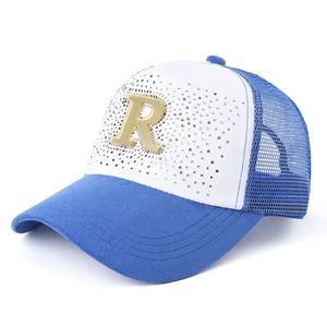 Blue and white rhinestone baseball cap with a gold metallic R letter on the front