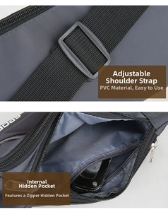 Detail of adjustable shoulder strap and PVC internal zip pocket on gray sports fanny pack