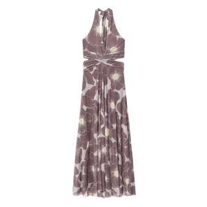 Floral halter maxi dress with backless cutouts and sheer mesh in lavender purple tones