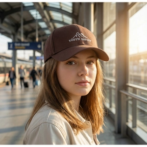 Detail of dark brown cotton baseball cap with white Youth Dayoff mountain embroidery