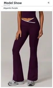 Detail der ausgestellten Yoga-Hose in Lila mit weißem V-Kreuz-Bund für Damen