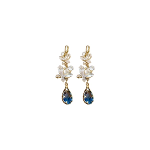 Elegant gold drop earrings with blue teardrop stones and white zircon butterfly accents