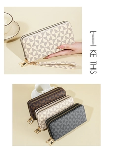 Detailed view of large capacity long wallets with geometric prints and double zippers