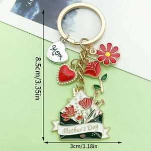 Mother's Day enamel keychain featuring pink flowers and Mom heart charm in gold finish