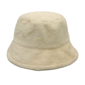Detailed texture of plush cream faux mink fur on a winter bucket hat for women