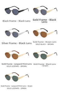 Matrix view showing vintage oval sunglasses in black, gold, silver frames and leopard temples