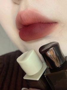 Detailed close-up of matte dark red-brown lipstick texture on lips with product tubes