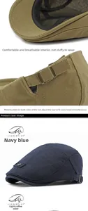 Close-up of adjustable metal buckle and breathable texture on retro linen flat cap