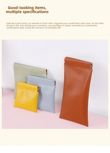 Close-up of multi-color PU leather pouches with squeeze spring metal closure for accessories