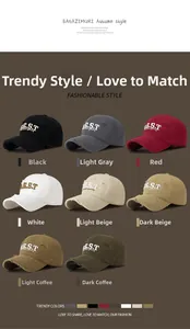 Detail showing eight colors of vintage washed distressed baseball caps with EST embroidery