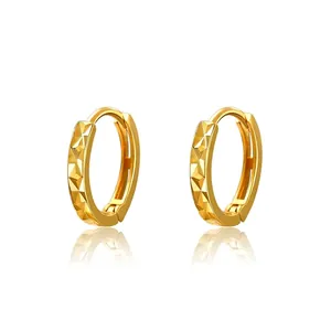 Polished S925 sterling silver hoop earrings with diamond-cut geometric texture