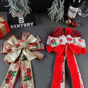 Elegant Christmas tree topper bows with vintage truck and red velvet plaid ribbon designs