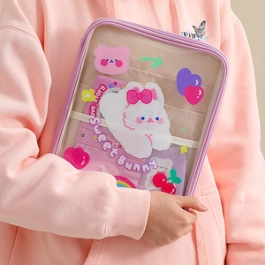 Pink cartoon transparent PVC iPad sleeve featuring a cute bunny illustration for girls