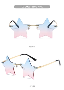 Close-up of star-shaped rimless sunglasses with gold frame and blue-pink gradient lenses