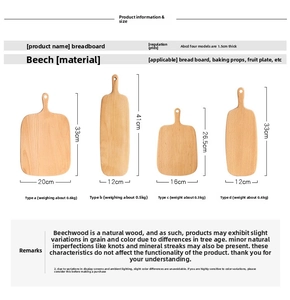 Detailed size specifications for beech wood bread boards and cutting board styles