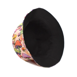 Detail showing the colorful mushroom pattern print and plain black lining of the bucket hat