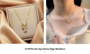 Detail of gold tiger necklace with cat eye stone and zircon on luxury satin backdrop