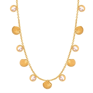 Golden scallop pendant necklace featuring round cubic zirconia in a minimalist design