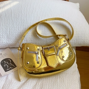 Women Shoulder Bag Metallic PU Leather Rivets Y2K Punk Style Adjustable Strap Underarm Crossbody Handbag Shiny