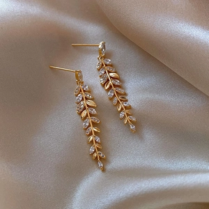 Elegant gold leaf wheat-shaped earrings with fine zircon crystals and silver needle studs