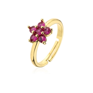 Detail of 18K gold plated flower ring with red zircon petals and adjustable open band
