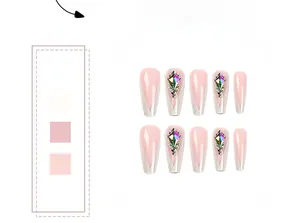 Detail of long ballerina French press-on nails with nude pink V-shape and rhinestones
