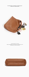 Detail view of large capacity brown woven tote bag interior space and textured bottom