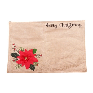 Christmas car and red flower linen table mat with Merry Christmas text on white backdrop