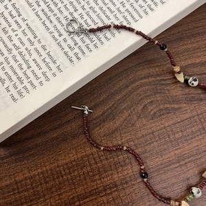 Retro handmade beaded necklace with red beads, natural stones, and silver OT clasp