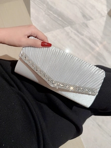 Evening Clutch Bag Pleated Satin Rhinestone Elegant Shimmery Handbag With Detachable Chain Strap For Women