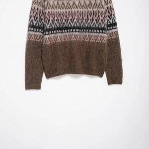 Brown Fair Isle knit sweater with vintage geometric pattern and brushed mohair texture