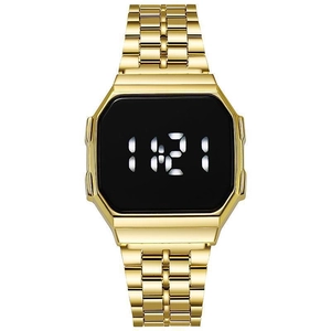 Detailed macro view of the gold retro digital watch with black mirror face and LED display