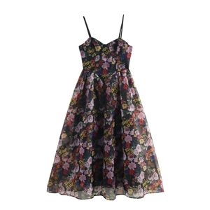 Floral Organza Camisole Maxi Dress Sweet Heart Neckline High Waist A-Line Spaghetti Strap Elegant Long Skirt For Women