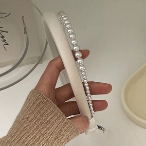 Elegant cream beige satin headband with double-layered lustrous pearls hair accessory